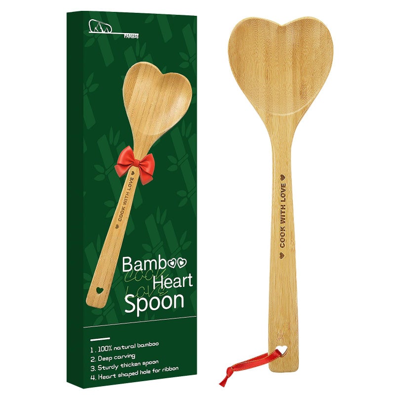 PAMASE Bamboo Heart Shaped Spoon for Cooking - Wooden Cook with Love Spoon Kitchen Utensils, Valentines Mother's Day Gifts for Grandma Mom Couple Wife Hostesses House Warming - Image 1